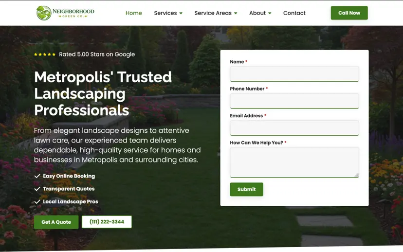 An SEO-optimized contractor website: a five-star Google rating in the header, one clear quote form, and a click-to-call button above the fold