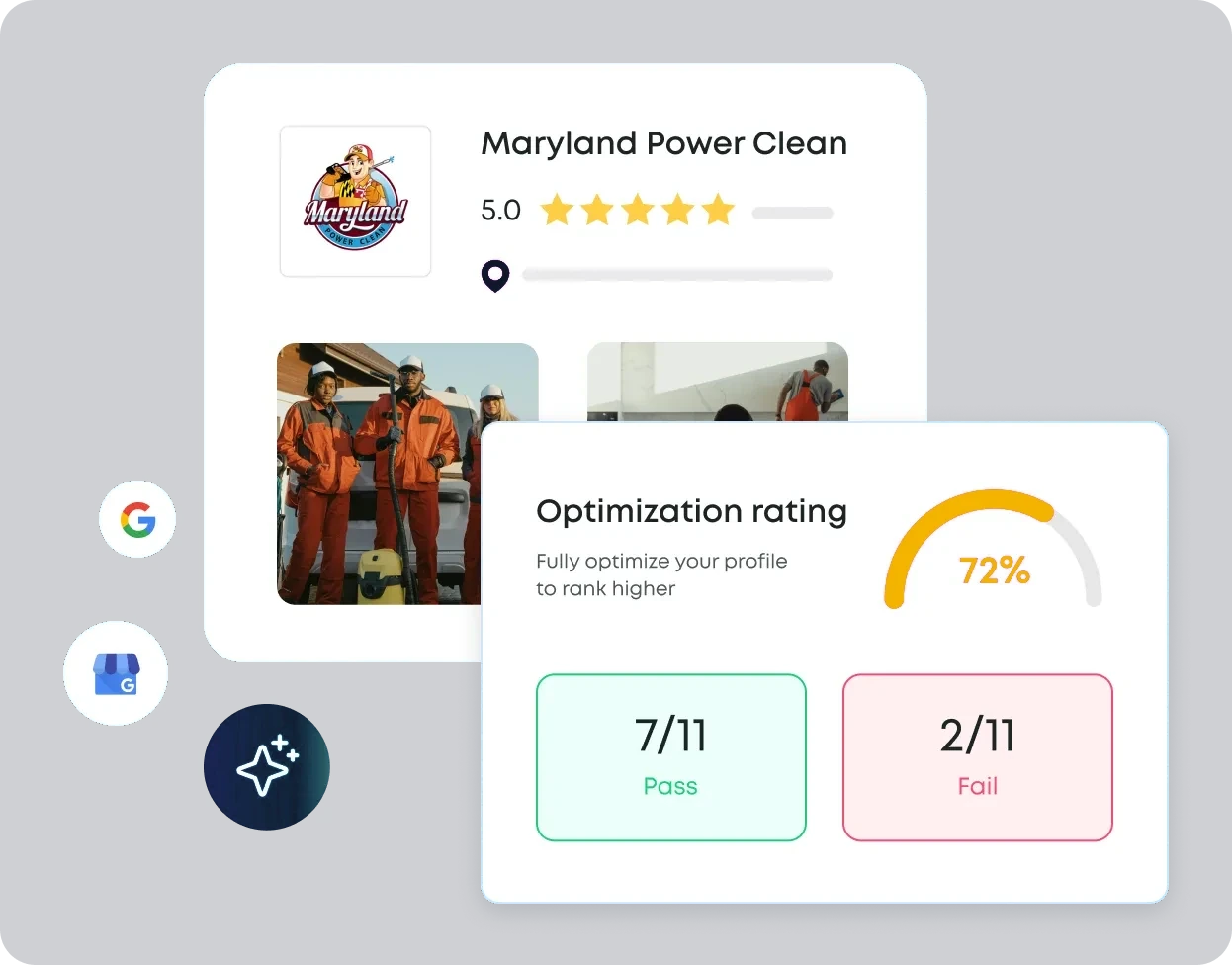 A Google Business Profile with a 72% optimization score, seven signals passing and two failing, showing the fields we fix to move you up the map