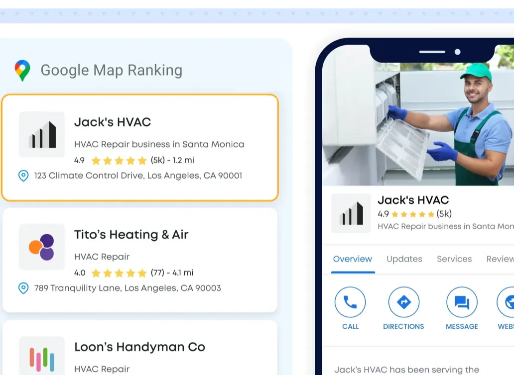 A home service business ranked #1 in Google's map pack above two competitors, with its Google Business Profile open on a phone